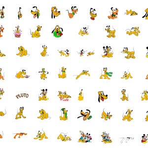 May include: A collection of Pluto cartoon character illustrations in various poses. Pluto is depicted in his signature yellow and brown colors, with some images featuring Mickey Mouse and other Disney characters. The word "Pluto" is also displayed in some images.