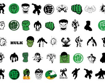 May include: A collection of green and black illustrations featuring the Hulk, a fictional superhero. The illustrations include various poses of the Hulk, his fist, and the word "Hulk".