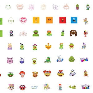 May include: A collection of colorful Muppets character illustrations and logos. The image features various characters like Kermit the Frog, Miss Piggy, and Fozzie Bear, along with the "Muppet Babies" and "Muppets" logos.