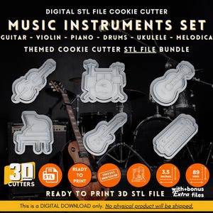 Pode incluir: Um conjunto de cortadores de biscoitos imprimíveis em 3D com a forma de instrumentos musicais, incluindo uma guitarra, um violino, um piano, uma bateria, um ukulele e um melodica. Os cortadores estão prontos para imprimir e vêm com arquivos adicionais. O texto "DIGITAL STL FILE COOKIE CUTTER MUSIC INSTRUMENTS SET GUITAR - VIOLIN - PIANO - DRUMS - UKULELE - MELODICA THEMED COOKIE CUTTER STL FILE BUNDLE" é exibido na parte superior da imagem.