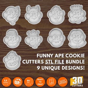 May include: A collection of nine white plastic cookie cutters in the shape of cartoon apes. The cutters have various facial expressions. The text "FUNNY APE COOKIE CUTTERS STL FILE BUNDLE" is displayed. The cutters are 3.5 inches in size.