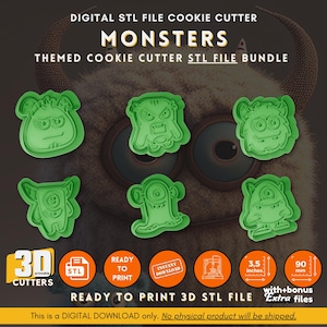 May include: A digital download of six 3D printable cookie cutter designs featuring various monster faces. The cutters are green and ready to print. The image includes the text "Digital STL File Cookie Cutter Monsters Themed Cookie Cutter STL File Bundle".