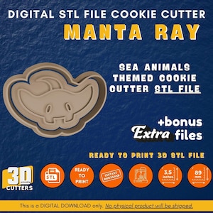 Manta Ray Cookie Cutter-stempel: zeedierenthema (digitaal STL-bestand)