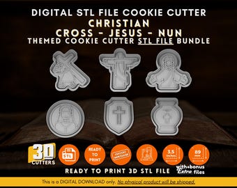 Könnte beinhalten: Ein digitaler Download von 3D-druckbaren STL-Dateien für Ausstecher mit christlichem Thema. Das Set enthält ein Kreuz, Jesus und eine Nonne. Die Dateien sind druckfertig und werden mit zusätzlichen Bonusdateien geliefert. Die Ausstecher haben einen Durchmesser von 3,5 Zoll und 89 mm.