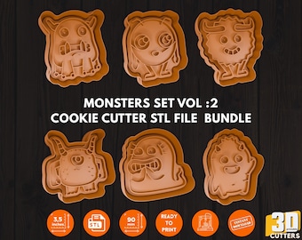 Halloween Monsters, Cookie Cutter File, Instant Download STL, Cute Monster Stamp Set, Digital Cookie Mold Bundle, Kids Party Baking Tool