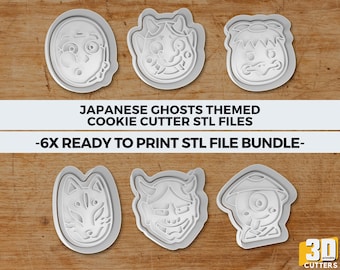 Japanese Ghosts Cookie Cutter STL, 3D Printable Ready to Print Stl File, yokai mask oni kitsune kappa stamp set