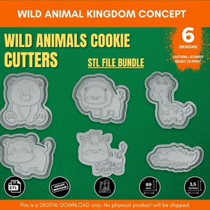 Op de afbeelding: Een set van 6 STL-bestanden voor het 3D-printen van koekjesuitstekers in de vorm van wilde dieren. De ontwerpen omvatten een leeuw, een zebra, een giraffe, een nijlpaard, een krokodil en een beer. De STL-bestanden zijn klaar om te printen en kunnen worden gebruikt om aangepaste koekjes te maken.