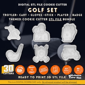 Zestaw foremek do ciastek Golf STL, pliki 3D STL, wózek golfowy, gracz w golfa, kij golfowy, rękawica golfowa, odznaka, gotowy do druku, plik cyfrowy