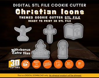 Könnte beinhalten: Digital herunterladbare STL-Dateien zum 3D-Druck von christlichen Keksausstechern. Das Set enthält ein Kreuz, eine Bibel, eine Kirche, eine Taube und eine Marienfigur. Die Dateien sind druckfertig und beinhalten zusätzliche Bonusdateien. "NUR DIGITALER DOWNLOAD. Es wird kein physisches Produkt versandt."