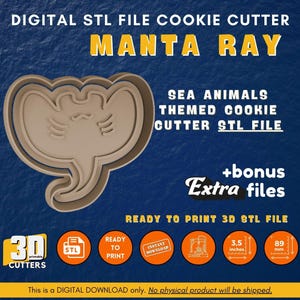 Digitaal STL-bestand Manta Ray Cookie Cutter-stempelbestand - zeedieren-thema Instant 3D-printerbestanden downloaden