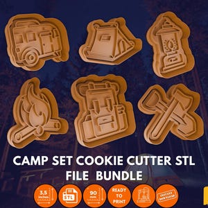 May include: A set of 7 brown cookie cutters in the shape of camping items, including a tent, lantern, backpack, campfire, axe, and a camper van. The cookie cutters are 3.5 inches in size and are ready to print.