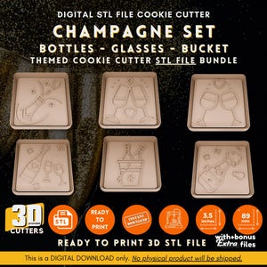 Champagne Cookie Cutter STL File Bundle, 3D Printable Celebration Glasses Bottle Stamp, Digital Download for Party & Wedding Baking