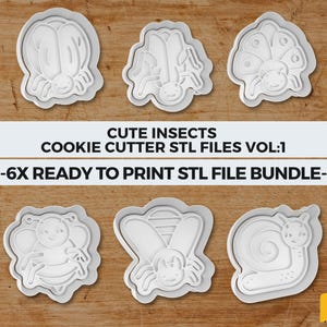 May include: Six white insect-shaped cookie cutters on a wooden surface. The cutters include a ladybug, beetle, and other insects. Text on the image reads "CUTE INSECTS COOKIE CUTTER STL FILES VOL:1 -6X READY TO PRINT STL FILE BUNDLE-"