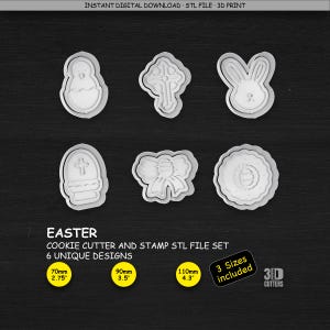 Puede incluir: Un juego de seis cortadores y sellos para galletas de plástico blanco con diseños de Pascua que incluyen un pollito, cruz, conejo, huevo, lazo y forma floral. El texto incluye INSTANT DIGITAL DOWNLOAD, EASTER COOKIE CUTTER AND STAMP STL FILE SET, 6 UNIQUE DESIGNS y 3 Sizes included con etiquetas de 70mm, 90mm y 110mm.