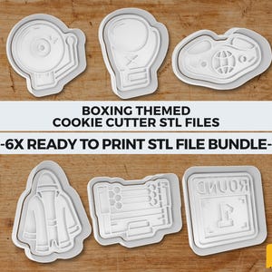 May include: A collection of six white boxing-themed cookie cutters in various shapes, including a boxing glove, a championship belt, and a boxing ring. The text "BOXING THEMED COOKIE CUTTER STL FILES" is displayed above the cutters.