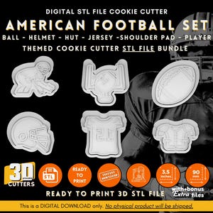 Football Cookie Cutter STL, 3D Print Files, Helmet, Jersey, Player, Shoulder Pads, Game Day Baking, Cookie Stamp STL