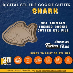 Archivo STL de sello cortador de galletas de tiburón: Tema de animal marino (Descarga digital)