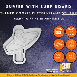 Surfer Cookie Cutter Stl stamp, surfboard baking tool 3d print, beach fondant cutter, ocean theme mold, summer cookie stamp