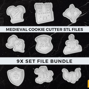 May include: A set of nine medieval cookie cutters, featuring designs such as armour, a castle, a crossbow, a knight's helmet, shields, and a sword. The text reads "MEDIEVAL COOKIE CUTTER STL FILES" and "9X SET FILE BUNDLE".