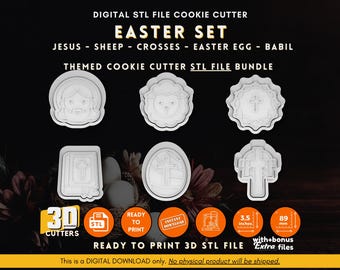 Könnte beinhalten: Ein Set aus 3D-druckbaren Keksausstechern für Ostern. Die Ausstecher sind so konzipiert, dass sie Formen von Jesus, einem Schaf, Kreuzen, einem Osterei und einem Baby ausschneiden. Die Ausstecher haben einen Durchmesser von 8,9 cm und sind druckfertig.