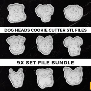 Dog Heads Cookie Cutter STL Set, Digital Download, 3D Printable, Dog Face Shapes, Pet Lover Cookie Set, Puppy Stamp Bundle