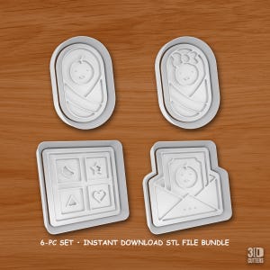 Könnte beinhalten: Ein Set aus vier weißen Kunststoff-Ausstechformen mit Motiven von zwei gepuckten Babys, einem quadratischen Block mit vier Formen und einem Baby in einem Umschlag. Der Text 6-PC SET INSTANT DOWNLOAD STL FILE BUNDLE und 3D CUTTERS ist unten sichtbar.