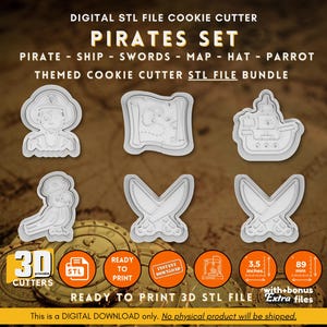 Lot de fichiers Stl à l'emporte-pièce Pirates, timbre à cookie bateau pirate, fichier Stl emporte-pièce carte au Trésor, téléchargement numérique