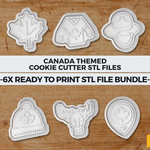 May include: Six white cookie cutter designs with a Canadian theme, including a maple leaf, hockey jersey, hat, and moose. The text reads "CANADA THEMED COOKIE CUTTER STL FILES -6X READY TO PRINT STL FILE BUNDLE-".