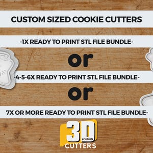 Puede incluir: Imagen de cortadores de galletas de tamaño personalizado. El texto dice "CUSTOM SIZED COOKIE CUTTERS" y ofrece diferentes paquetes de archivos STL: 1X, 4-5-6X y 7X o más. La imagen también presenta un logotipo de "3D printable CUTTERS".