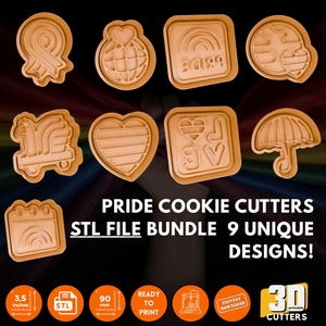 May include: A collection of nine beige-colored Pride-themed cookie cutters in various shapes, including a rainbow, heart, and umbrella. The image includes the text "PRIDE COOKIE CUTTERS STL FILE BUNDLE 9 UNIQUE DESIGNS!"