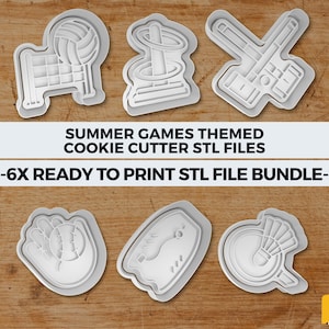 May include: Six white cookie cutters in the shapes of sports equipment, including a volleyball net, a discus, a badminton racket, a baseball glove, a surfboard, and a badminton shuttlecock. Text reads "SUMMER GAMES THEMED COOKIE CUTTER STL FILES -6X READY TO PRINT STL FILE BUNDLE-".