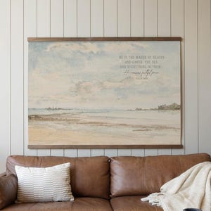 May include: A watercolor painting of a seascape with a quote from Psalm 135:6: "He is the Maker of heaven and earth, the sea, and everything in them."