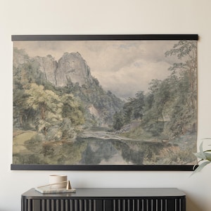 Mountain Painting Canvas Tapestry | Extra Large Landscape Wall Art | Nature Scene Artwork | Oversized Neutral Living Room Decor | T26