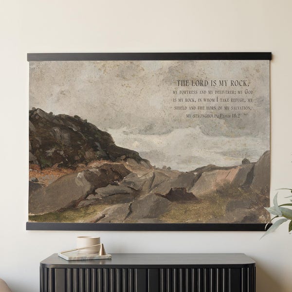 Arte mural cristiano / Tapiz grande de lienzo del Salmo 18:2 / Pintura de paisaje de montaña / Tapiz de las Escrituras para decorar la sala de estar / T37