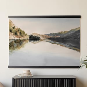 Large Canvas Art | Modern Lake Landscape Wall Art | Watercolor Mountain Reflection Tapestry | Extra-Large Home Decor for Living Room | T32