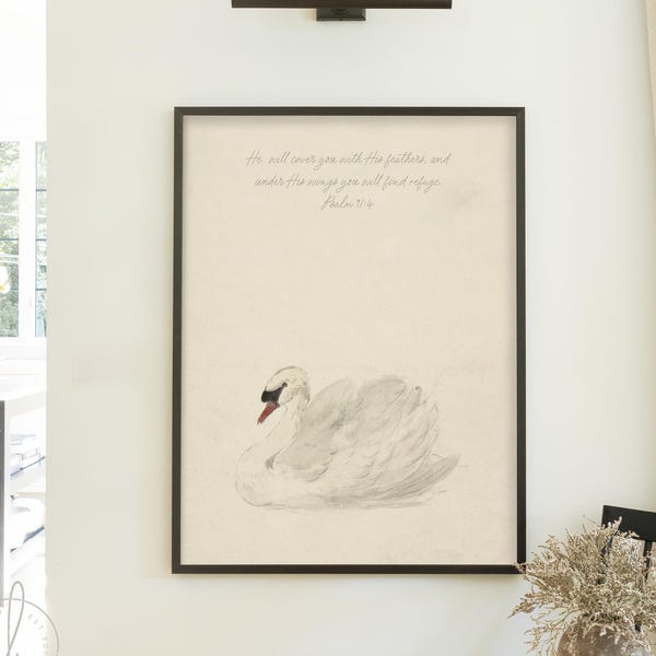 Arte mural de cisne / Arte mural cristiano con Salmo 91:4 / Arte mural grande enmarcado para sala de estar / Decoración de pared con naturaleza neutra / N209