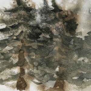 May include: Watercolor painting of a forest scene. The artwork features a close-up view of evergreen trees with dark green and brown hues. The painting has a textured, abstract style with soft edges and a muted color palette.