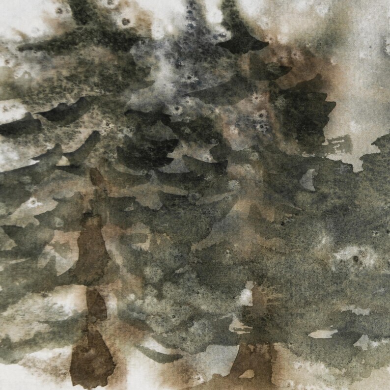 May include: Watercolor painting of a forest scene. The artwork features a close-up view of evergreen trees with dark green and brown hues. The painting has a textured, abstract style with soft edges and a muted color palette.