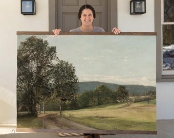 Country Landscape Canvas Tapestry | Scenic Meadow Painting, Oversized Wall Art | T35