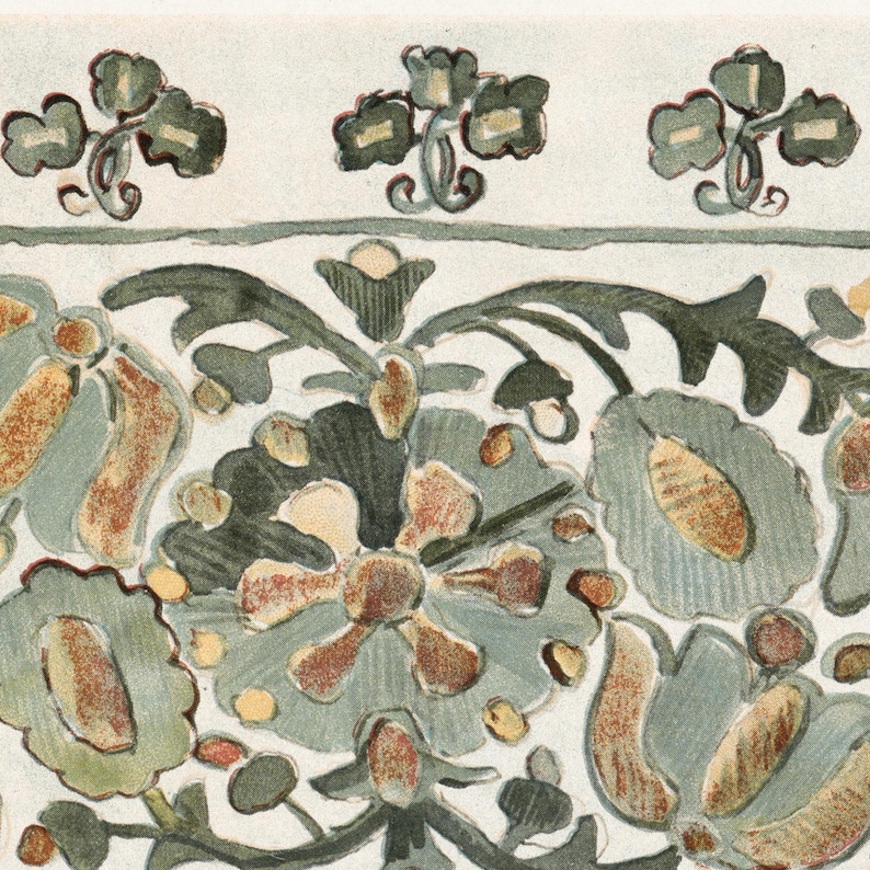 May include: A detailed illustration of a floral pattern in muted tones of green, brown, and cream. The design features stylized flowers and leaves, with a repeating border of smaller floral motifs at the top. The artwork has a vintage, hand-drawn aesthetic.