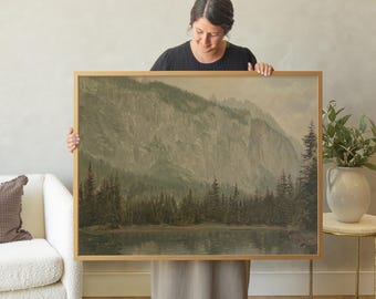 Lake and Mountains Painting | Framed Vintage Landscape Art | Large Wall Decor for Living Room | Mountain Wall Art For Entryway Decor | N101