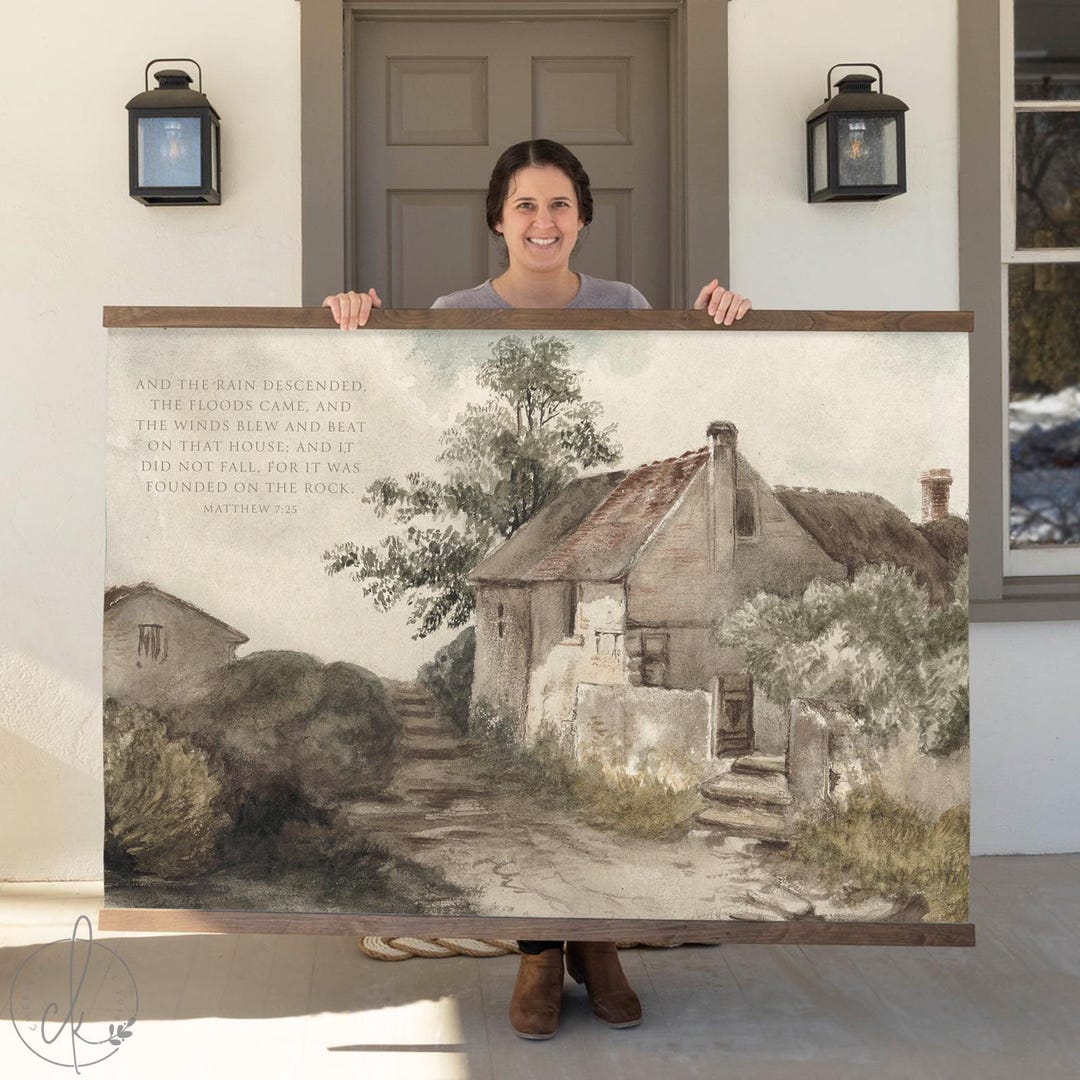 Cottage Scripture Image Extra-large Vintage Cottage Canvas Tapestry | Matthew 7:25 Bible Verse ...