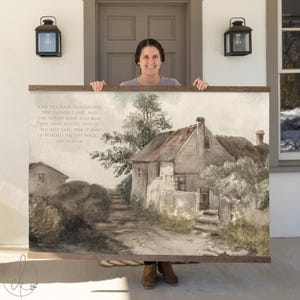 Extra-Large Vintage Cottage Canvas Tapestry | Matthew 7:25 Bible Verse Optional | Oversized Wall Art For Living Room | Entryway Decor | T44