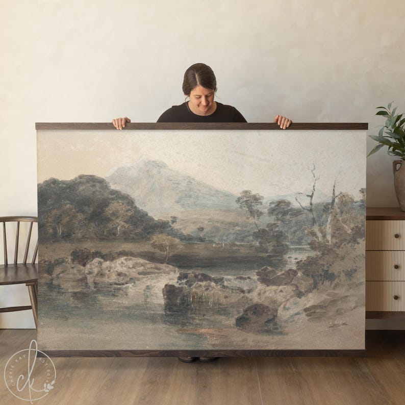 Large Vintage Landscape Wall Art | Oversized Framed Canvas Tapestry 48x69.5 saddle brown | Earth Tones Wall Decor for Living Room, Office, or Bedroom | T48