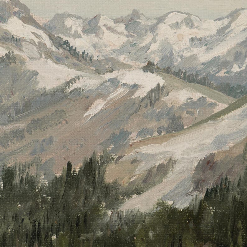 May include: An oil painting of a mountain landscape with snow-covered peaks. The foreground shows dark green trees, with rolling hills in shades of grey and brown in the mid-ground. The sky is a pale, overcast colour.