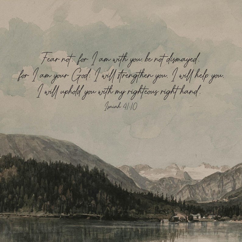 Landscape Canvas Tapestry | Isaiah 41:10 | Christian Wall Decor | Inspirational Bible Verse Art | Lake and Pine Trees Painting | T62