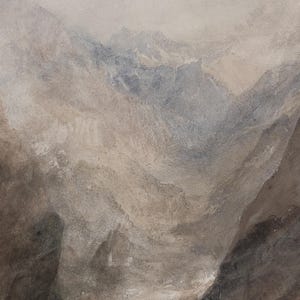 May include: A watercolor painting depicting a rugged mountain landscape with jagged peaks and deep valleys. The color palette consists of muted earth tones, including shades of beige, taupe, gray, and charcoal, creating a textured appearance.