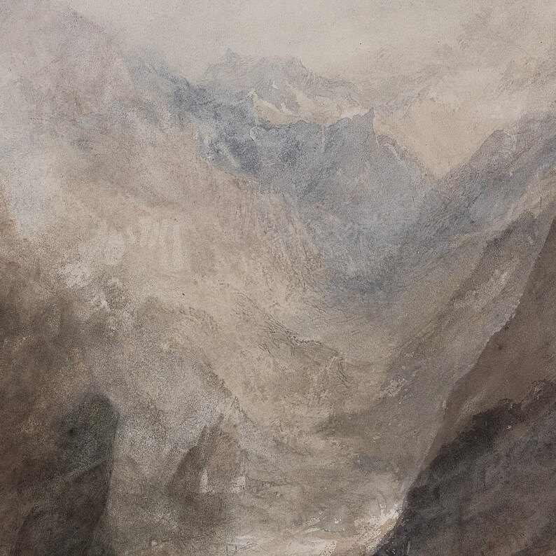 May include: A watercolor painting depicting a rugged mountain landscape with jagged peaks and deep valleys. The color palette consists of muted earth tones, including shades of beige, taupe, gray, and charcoal, creating a textured appearance.