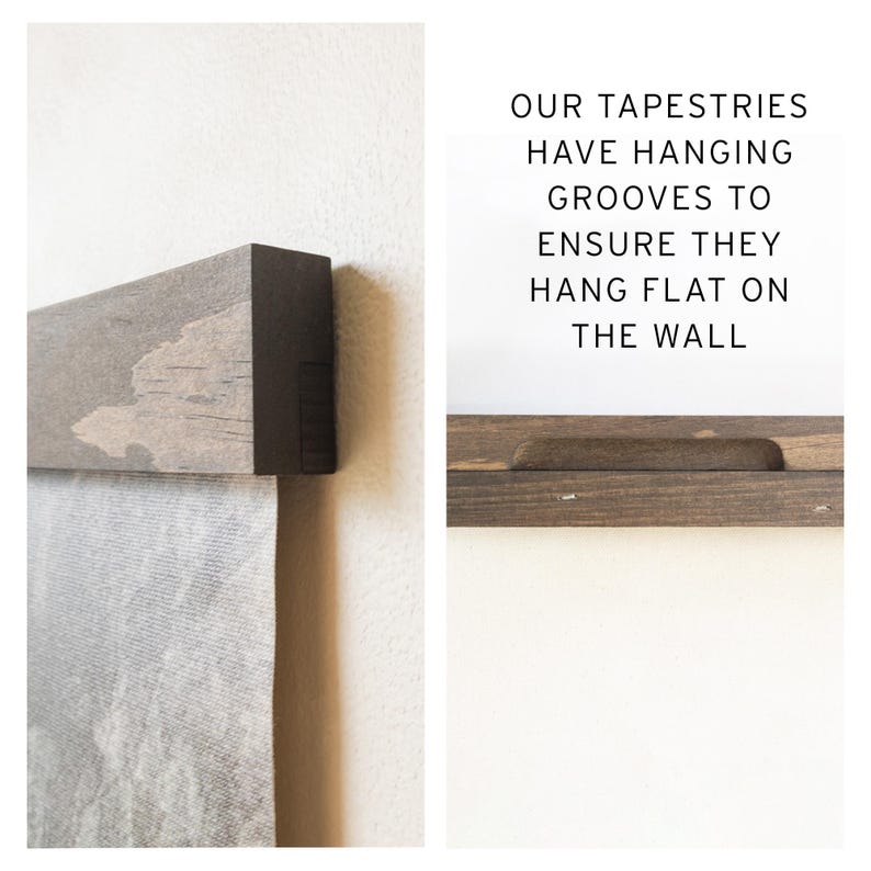 May include: Close-up of a wooden tapestry hanger with a grey fabric hanging below. The wood is stained in a dark grey colour. Text on the right says, "OUR TAPESTRIES HAVE HANGING GROOVES TO ENSURE THEY HANG FLAT ON THE WALL."