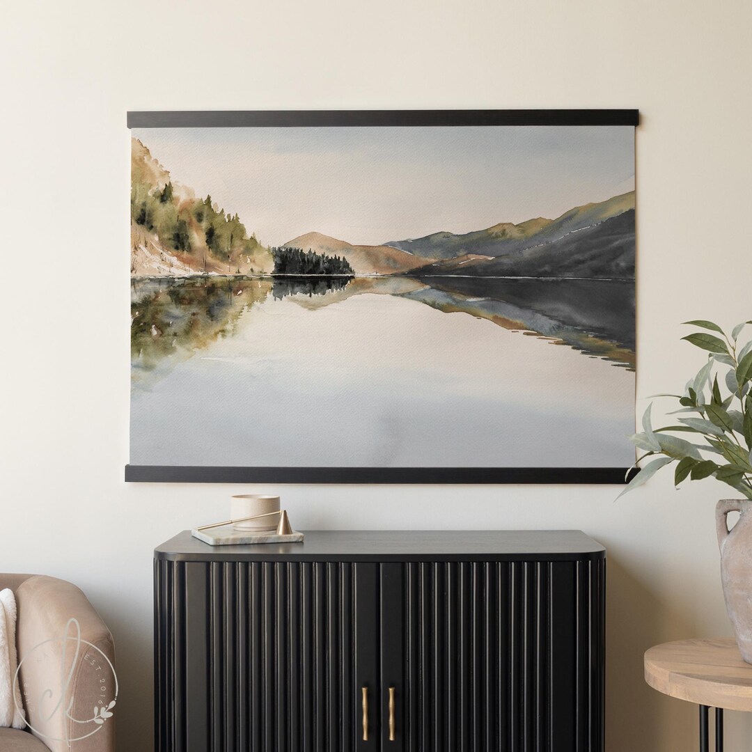 Large Canvas Art | Modern Lake Landscape Wall Art | Watercolor Mountain ...